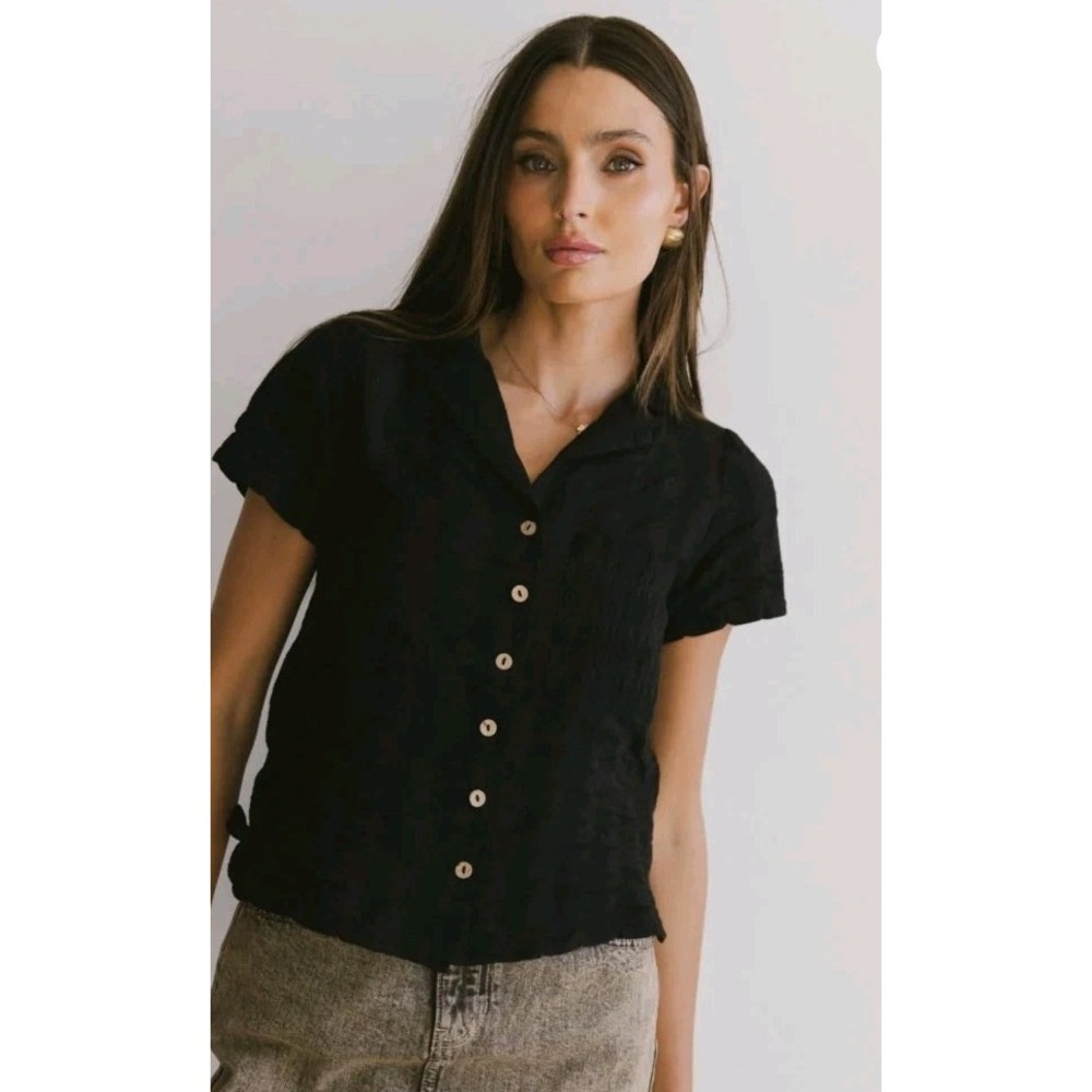 NWT BOHME Black Textured Cotton Gauze Boho Button Down Top Women's Size XL